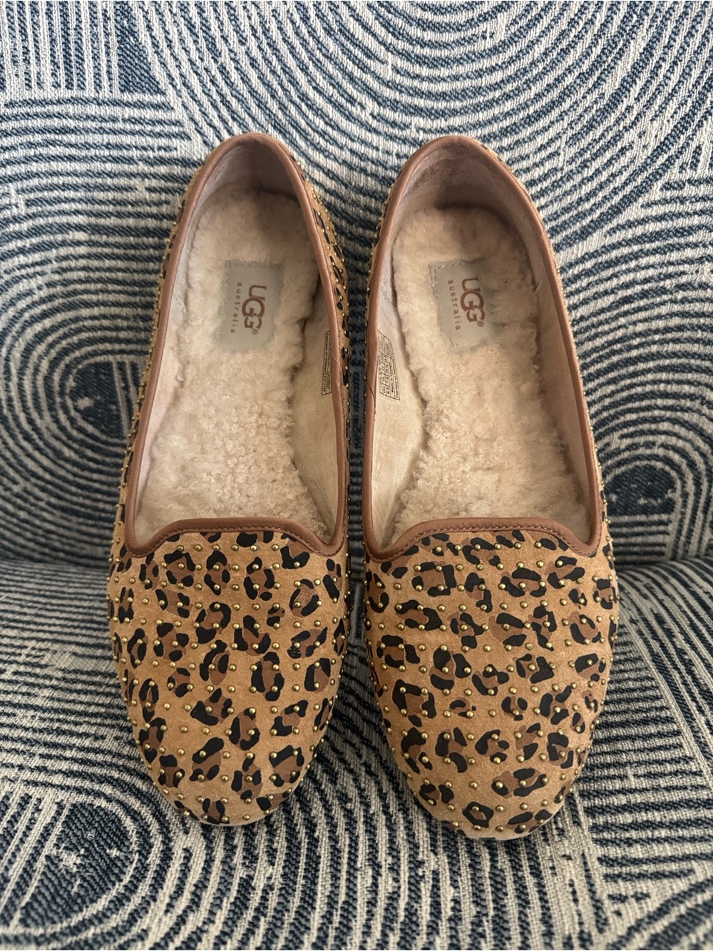 UGG Leopard Print Tan Suede Shearling Flats